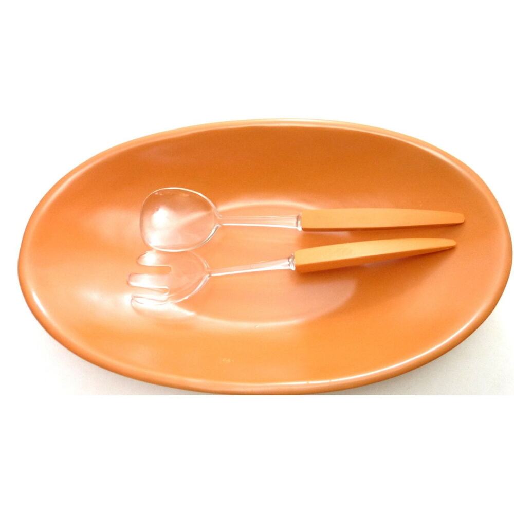 Vintage Mid Century Nasco Large Orange Serving Dish and Salad Tongs Japan